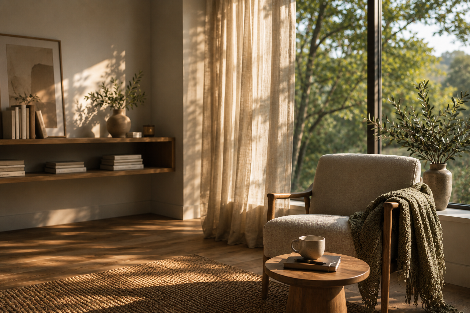 A sunlit therapy room with warm wood, linen, and greenery